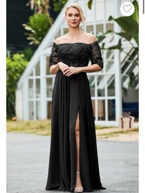 Elegant Black Off-Shoulder Evening Dress with Lace Bodice